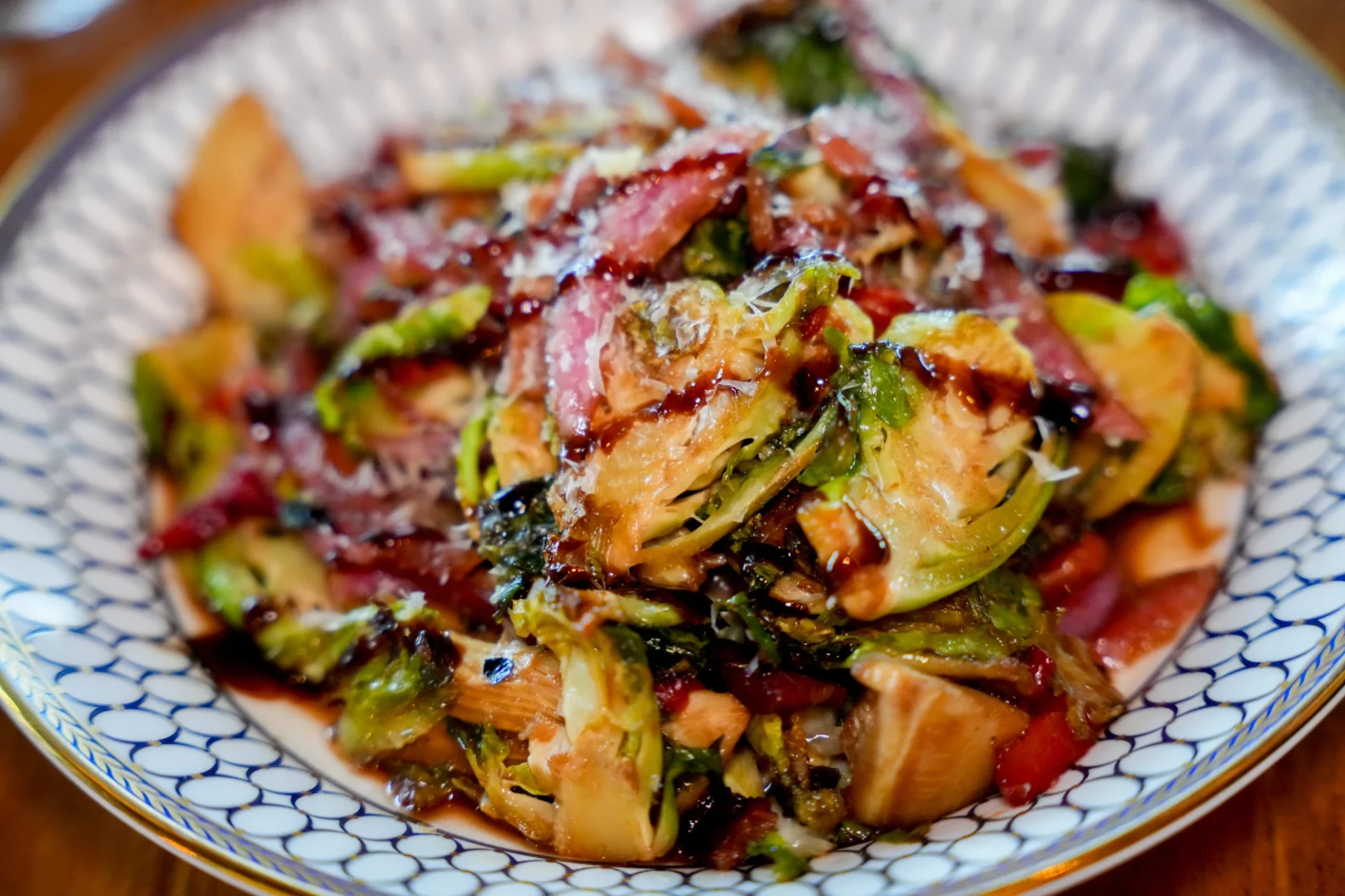 Crispy brussels sprouts with bacon, parmesan and balsamic glaze