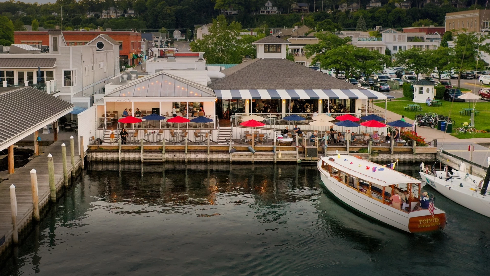 Aerial view of the dockside deck with the Pointer boat arriving